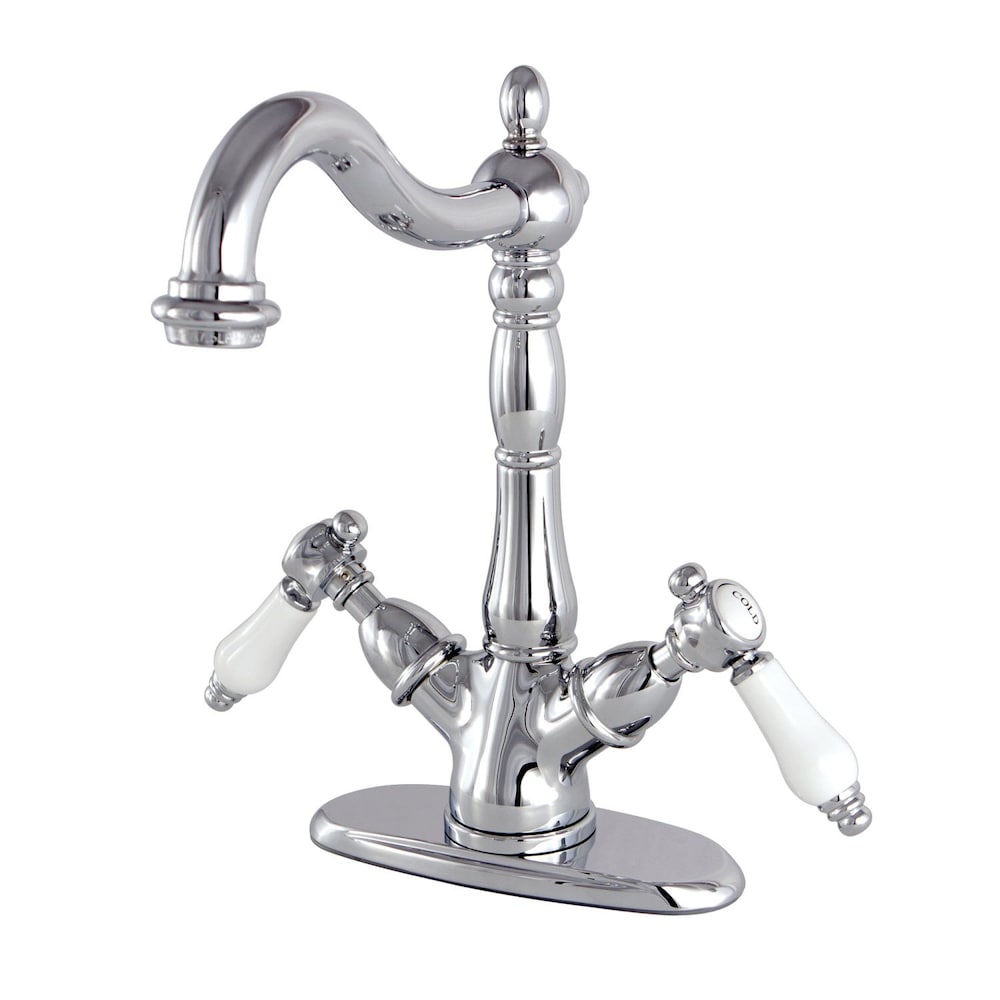 Robinet de salle de bain à arc élevé à 2 poignées et à trou unique en porcelaine victorienne en chrome