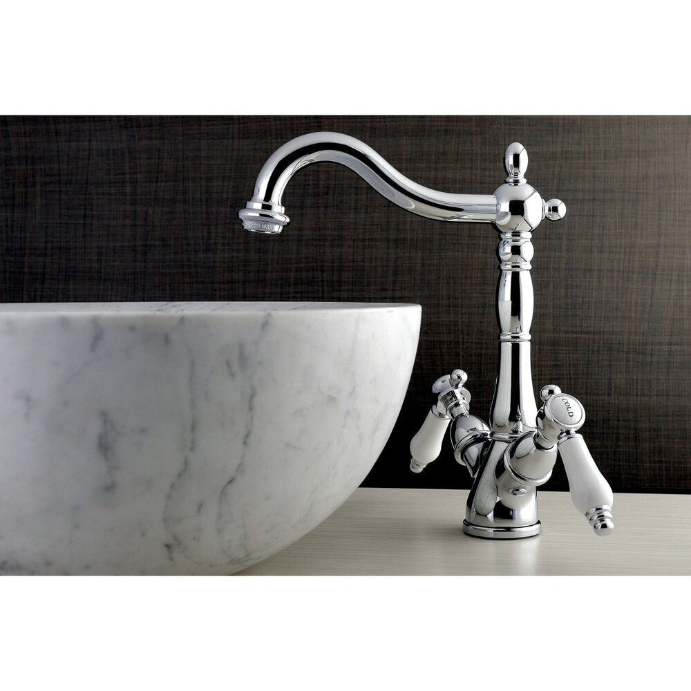 Robinet de salle de bain à arc élevé à 2 poignées et à trou unique en porcelaine victorienne en chrome