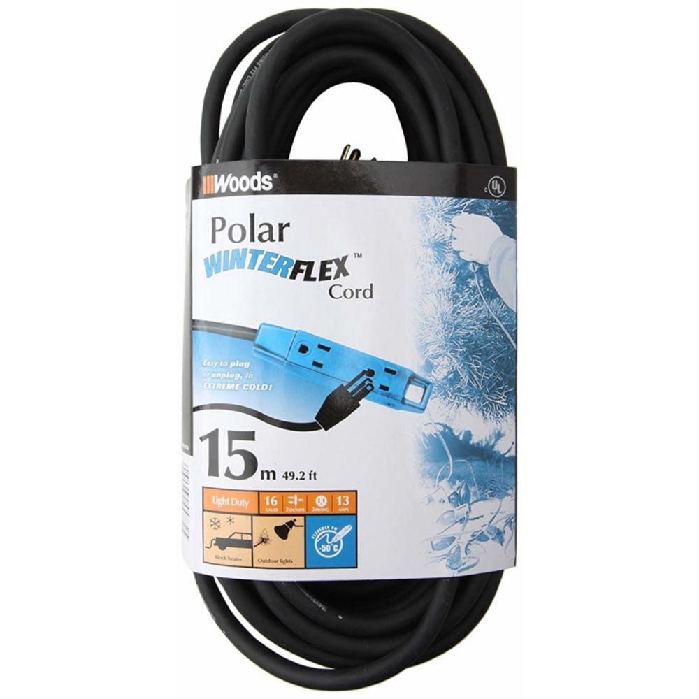 Polar Winterflex Cordon d'alimentation extérieur à 3 prises 16/3 SJOW 125 volts 50 pi, noir/bleu