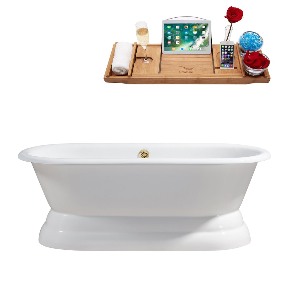 66" Cast Iron R5080GLD Soaking freestanding Tub and Tray with External Drain