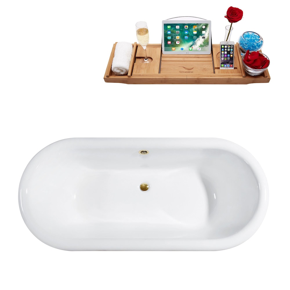 66" Cast Iron R5080GLD Soaking freestanding Tub and Tray with External Drain