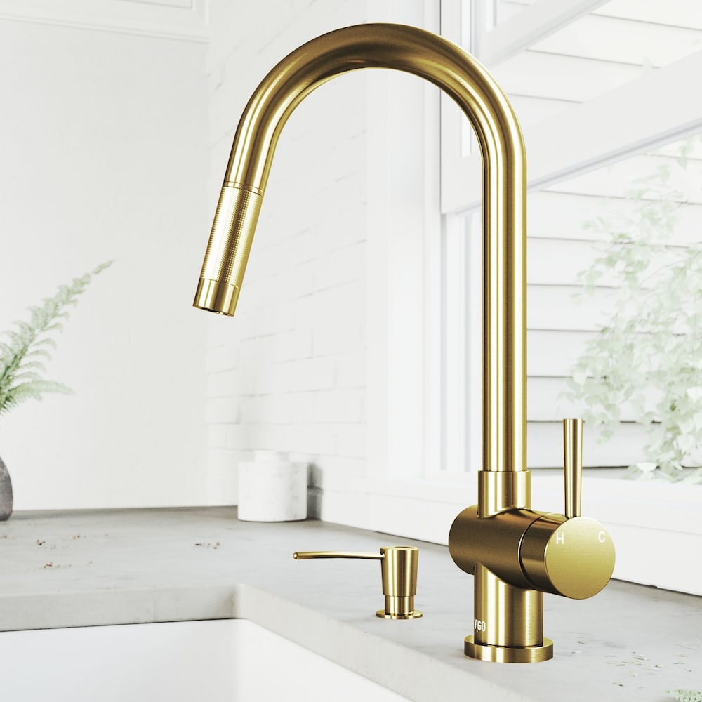 Gramercy Single-Handle Pull-Down Sprayer Kitchen Faucet with Soap Dispenser in Matte Brushed Gold