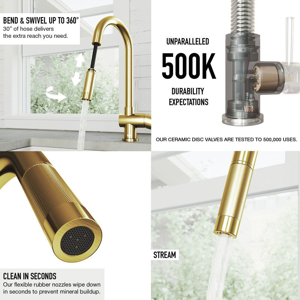 Robinet de cuisine à poignée unique et pulvérisateur rétractable Gramercy avec distributeur de savon en or brossé mat