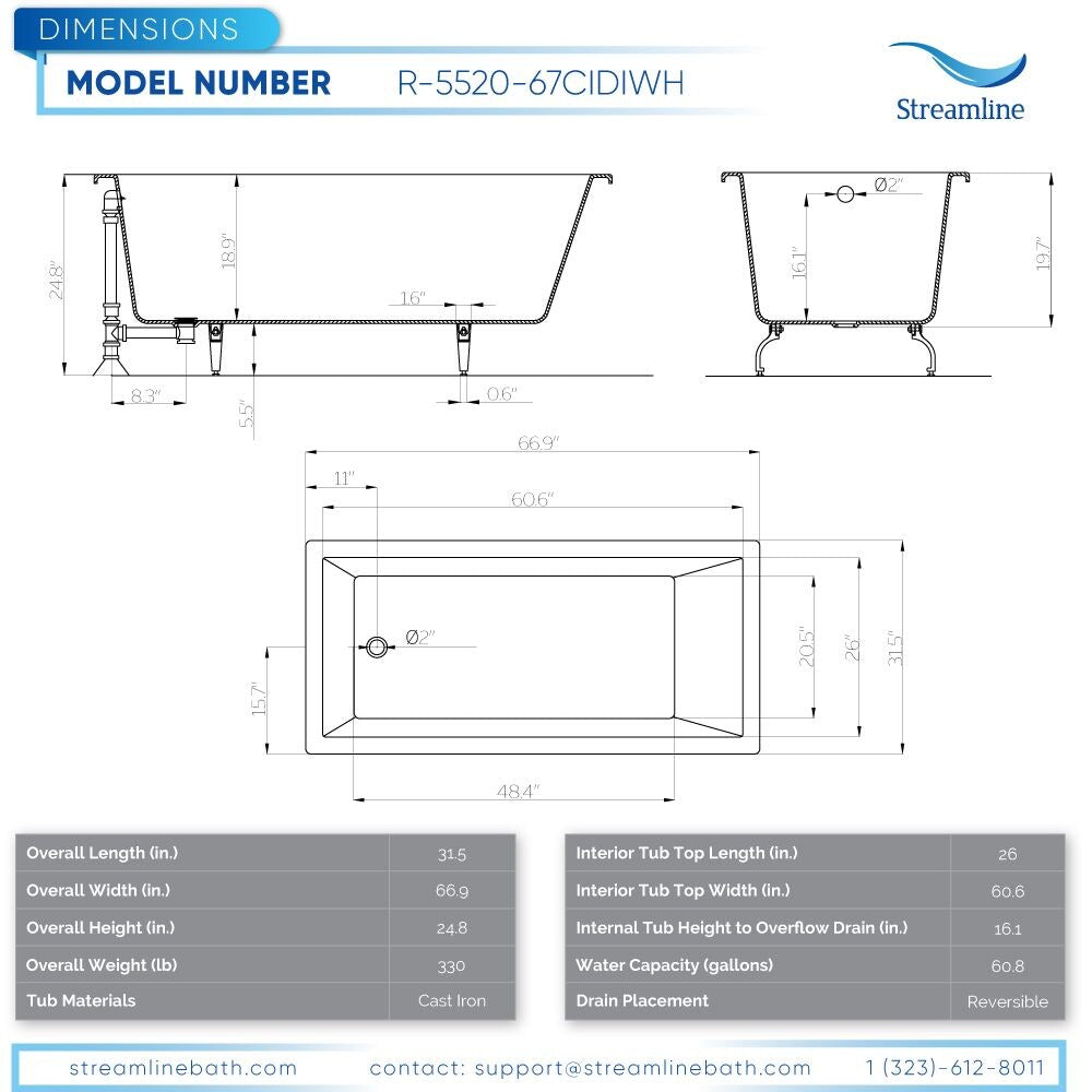 67 inch Streamline Cast Iron R5520GLD Drop In Bathtub With External Drain
