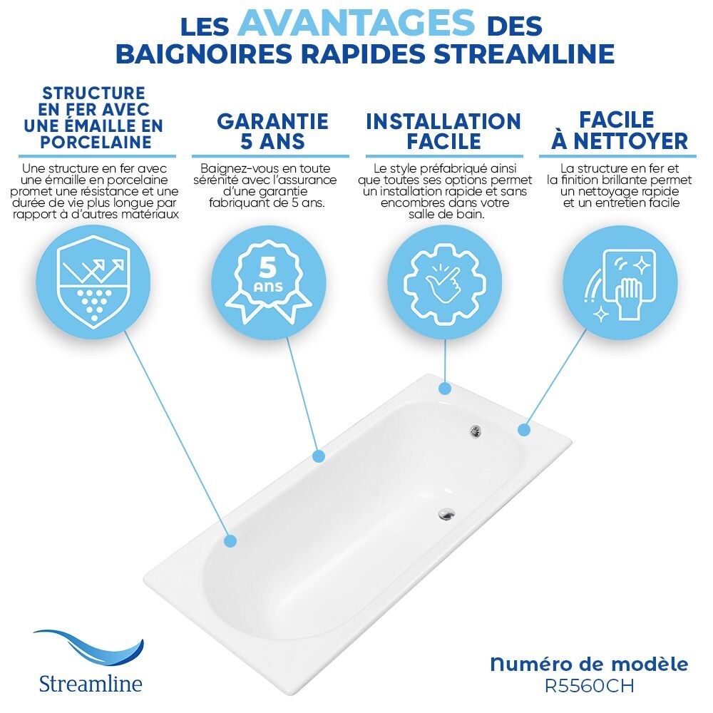 Baignoire encastrable en fonte Streamline R5560CH de 59 pouces avec drain externe