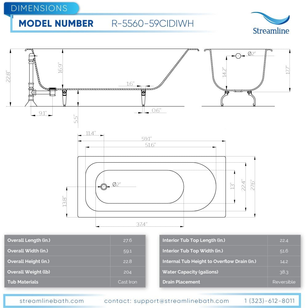 Baignoire encastrable en fonte Streamline R5560CH de 59 pouces avec drain externe