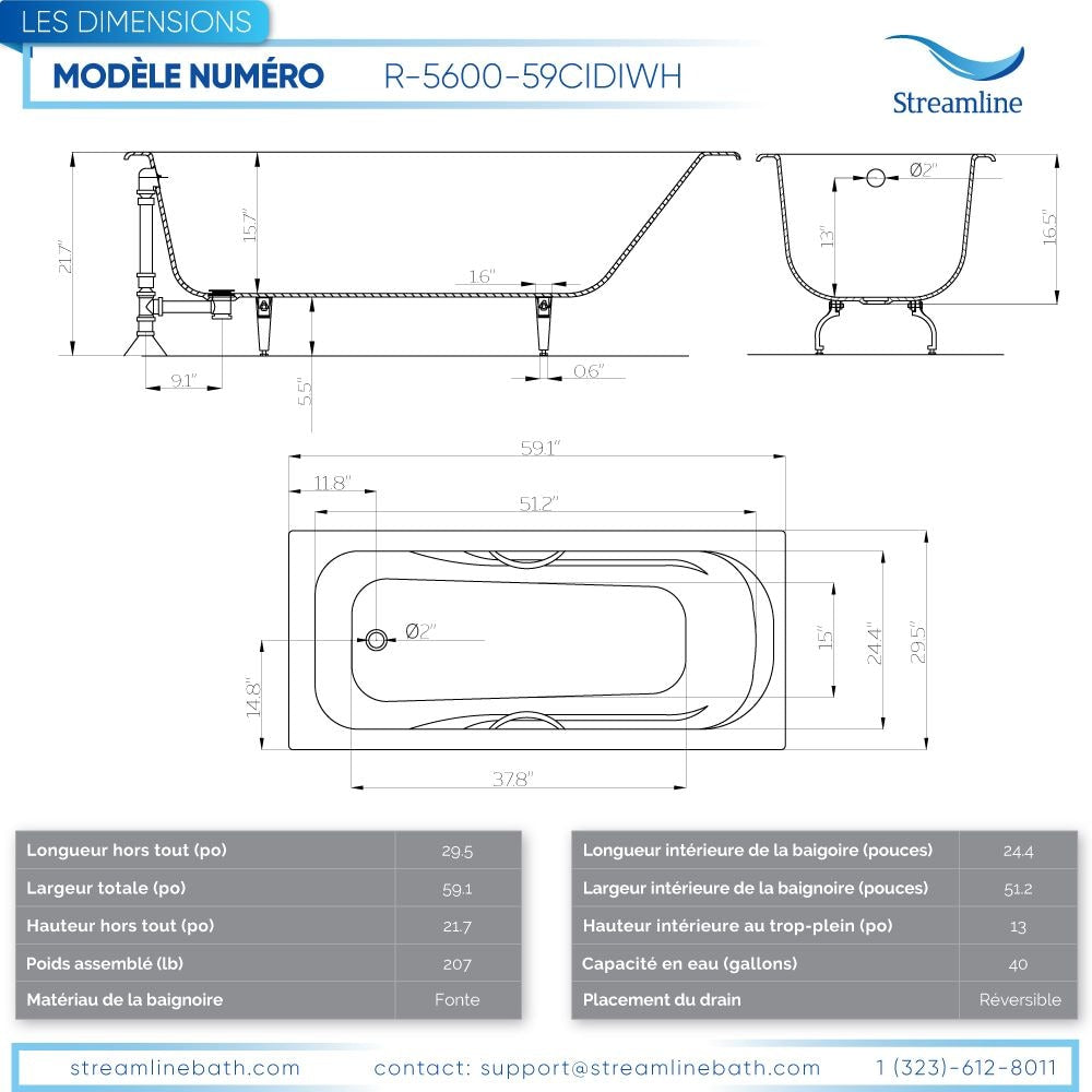 Baignoire encastrable en fonte Streamline R5600CH de 59 pouces avec drain externe