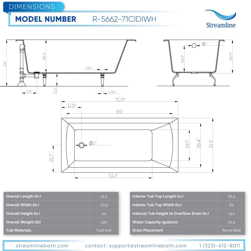 71 inch Streamline Cast Iron R5662CH Drop In Bathtub With External Drain