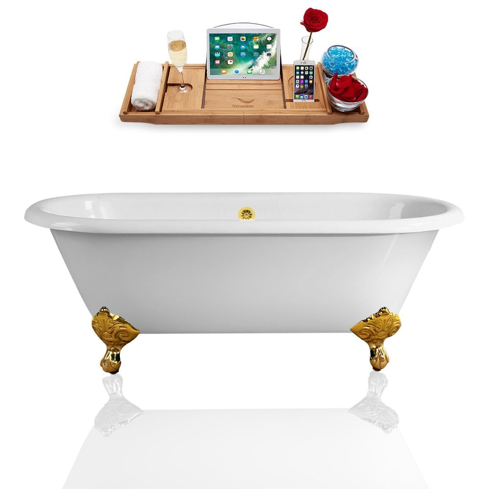 60 inch Streamline Cast Iron R5500GLD-GLD Soaking Clawfoot Tub and Tray with External Drain