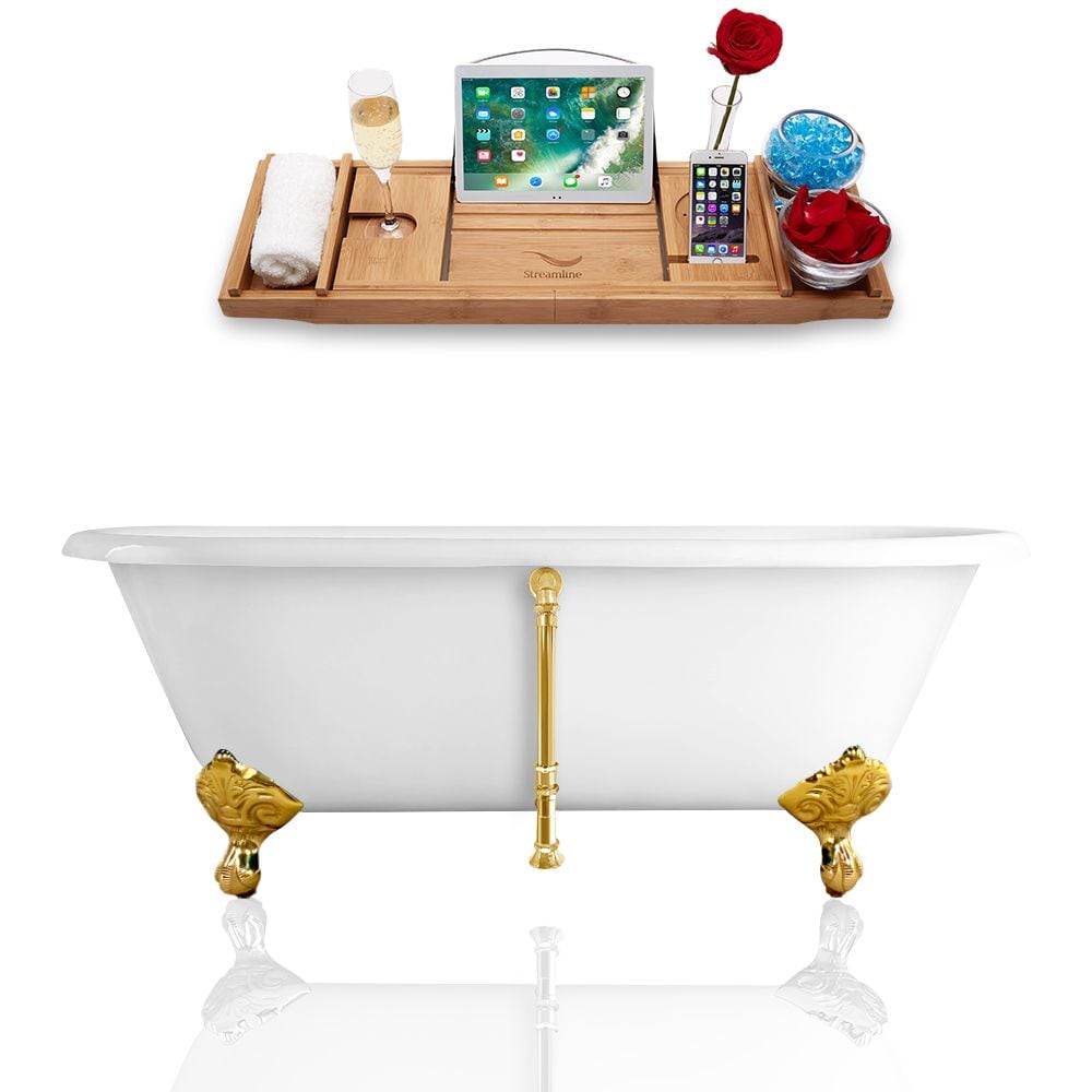 60 inch Streamline Cast Iron R5500GLD-GLD Soaking Clawfoot Tub and Tray with External Drain