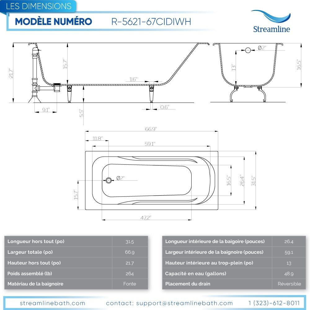 67 inch Streamline Cast Iron R5621CH Drop In Bathtub With External Drain