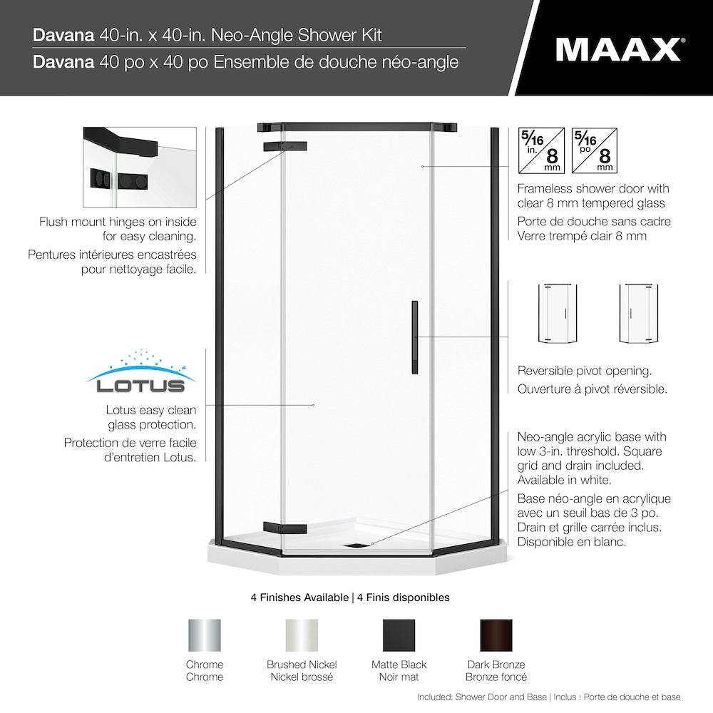 Davana 40 in. L x 40 in. W x 78.75 in. H Neo-Angle Corner Shower Kit Enclosure with Centre Drain Acrylic Base & Brushed Nickel Pivot Door (No Shower Wall)