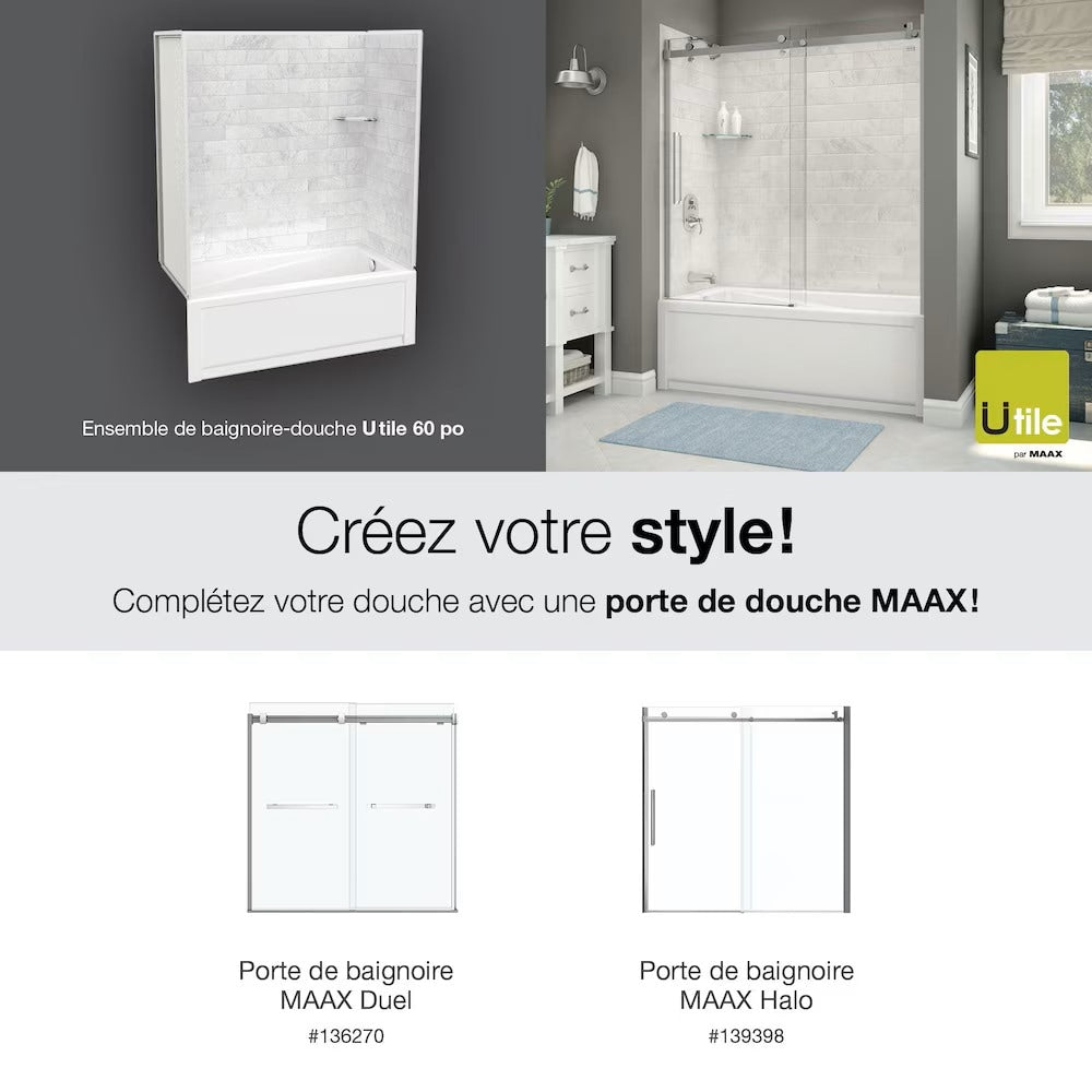 Ensemble de douche pour baignoire Utile de 60 po L x 30 po l x 80,5 po H avec baignoire en acrylique avec drain à droite, 1 étagère en verre et cadre/mur de baignoire avec finition Origin Arctik