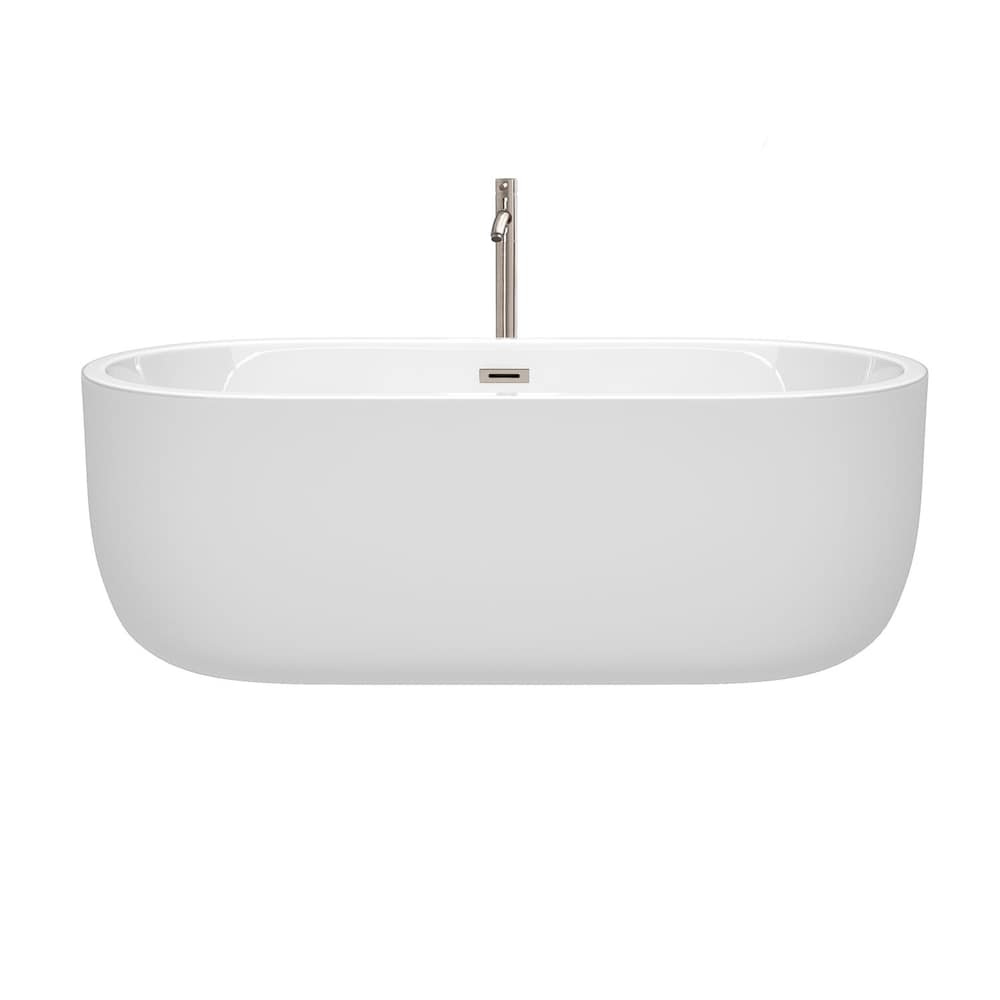 Juliette 67 inch Freestanding Bathtub in White with Floor Mounted Faucet and Trim in Brushed Nickel