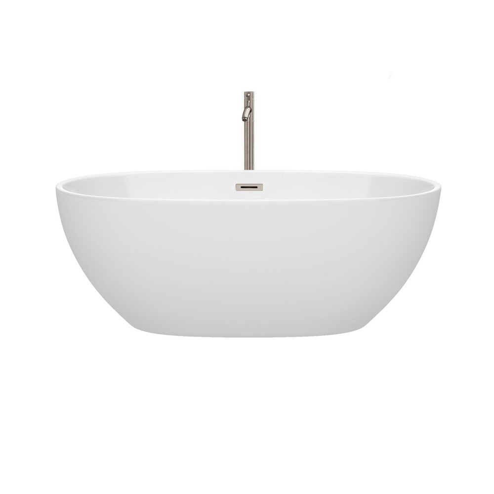 Baignoire autoportante Juno de 63 pouces en blanc avec robinet au sol et garniture en nickel brossé