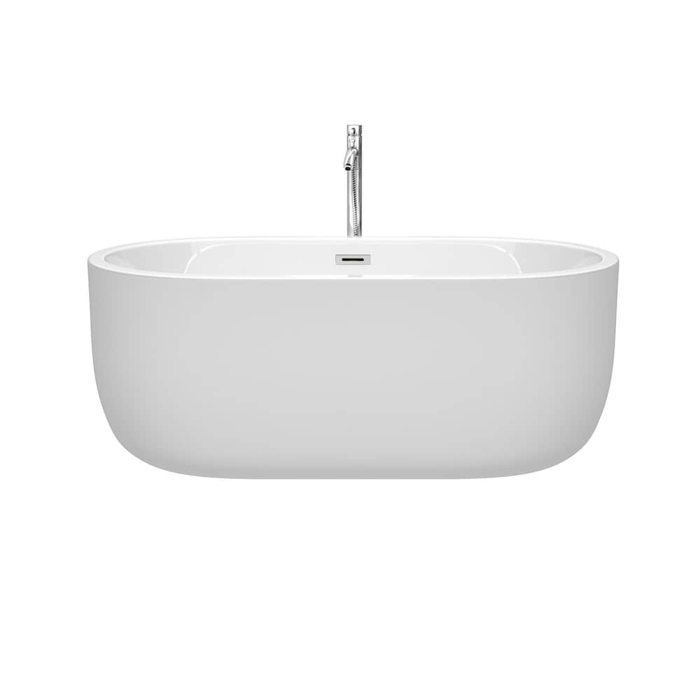 Baignoire autoportante Juliette de 60 pouces en blanc avec robinet au sol et garniture en chrome poli