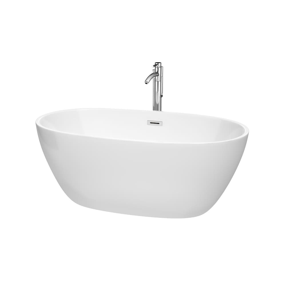 Juno 59 inch Freestanding Bathtub in White with Floor Mounted Faucet and Trim in Polished Chrome