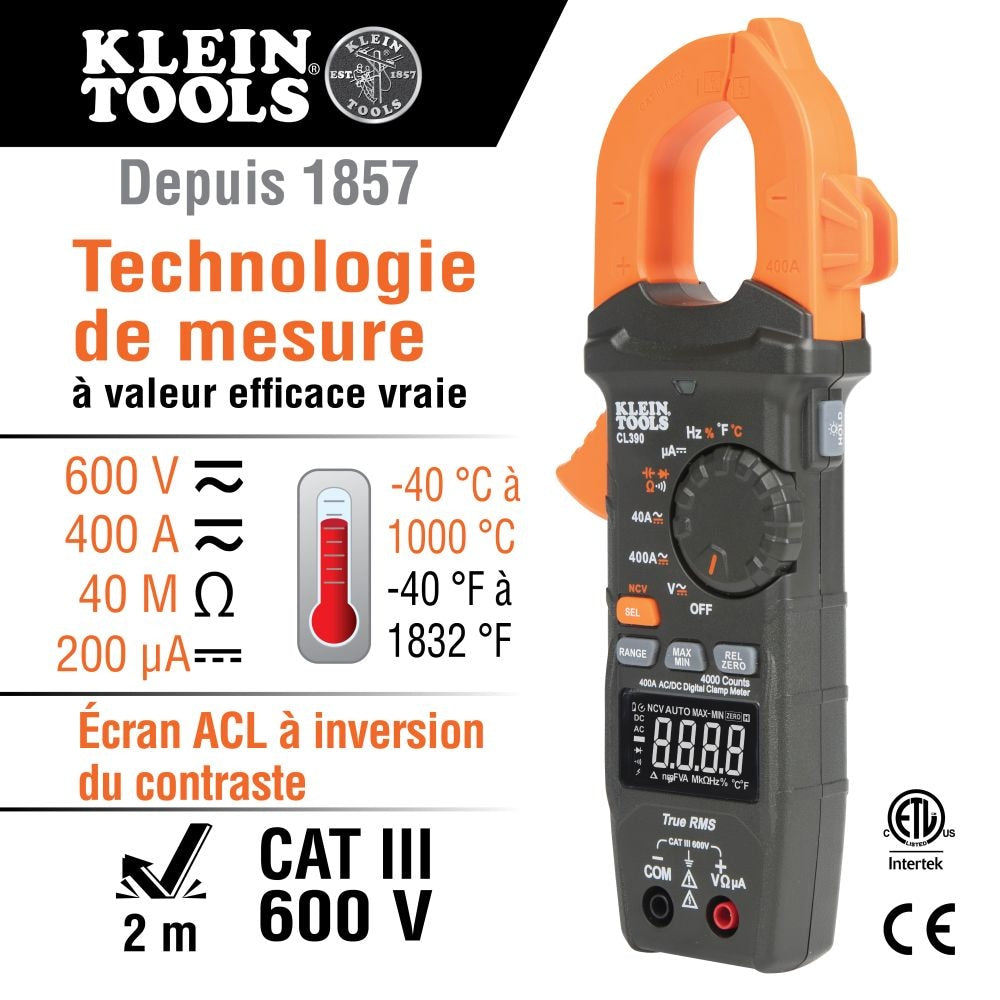 Pince ampèremétrique numérique AC/DC, plage automatique 400 A