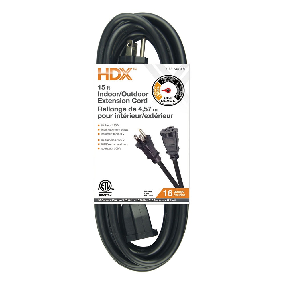 15 ft. 16 Gauge 13 Amps Indoor & Outdoor Light Duty Extension Cord, Black