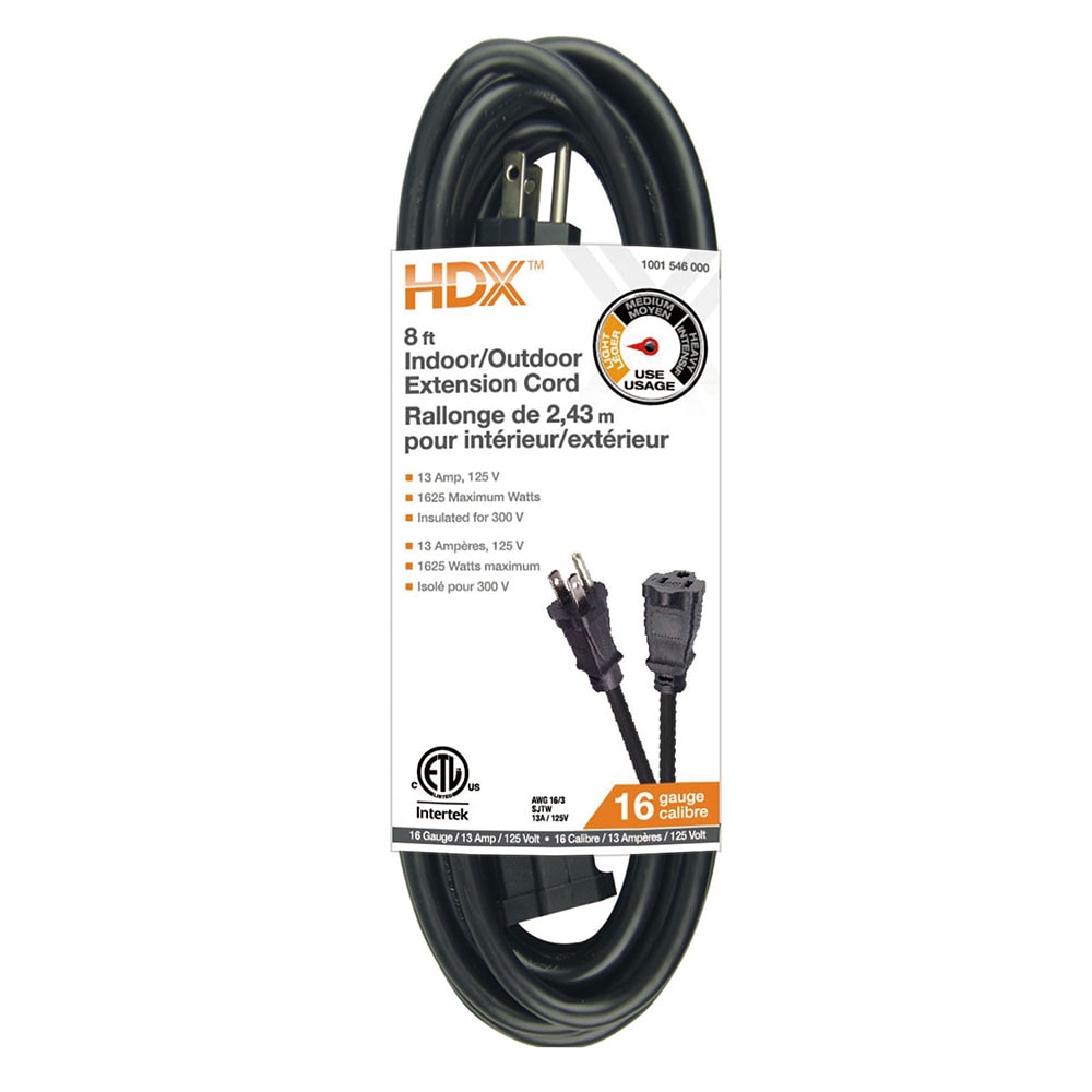 8 ft. 16 Gauge 13 Amps Indoor & Outdoor Light Duty Extension Cord, Black