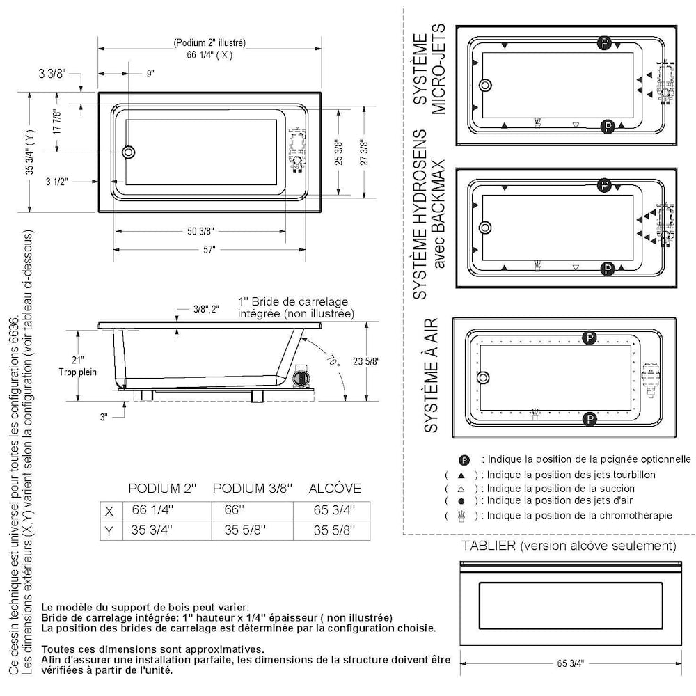 Skybox IF 66L x 36W x 23H Acrylic Rectangular Alcove Bathtub, Right Drain, with Tiling Flange in White, 16-inch Soaking Depth