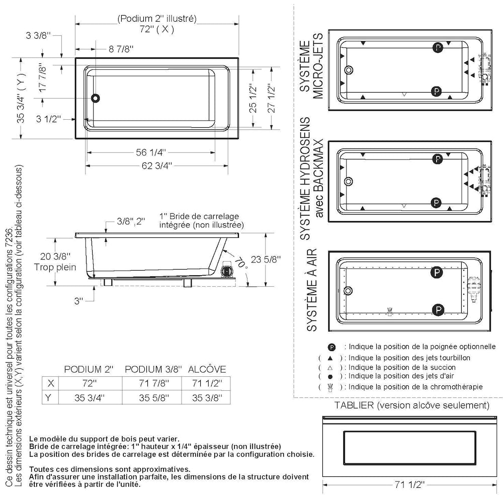 Skybox 72L x 36W x 23H Acrylic Rectangular Drop-In Bathtub, End Drain, in White with 2 in. Deck Height, 15-inch Soaking Depth