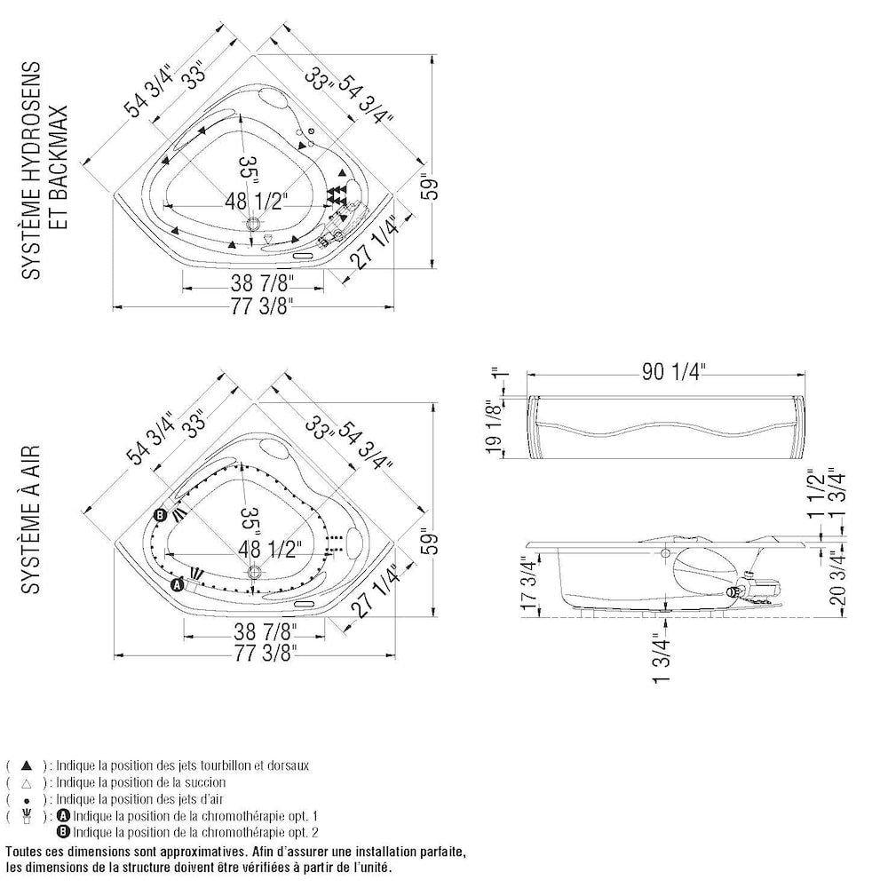 Murmur 55L x 55W x 20.75H Acrylic Drop-In Corner Bathtub, End Drain, in White with 14-inch Soaking Depth