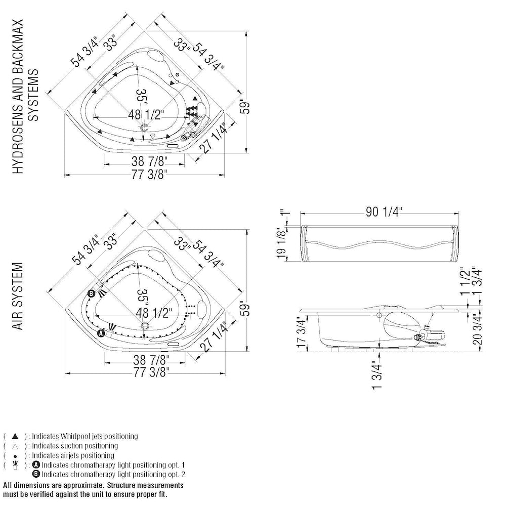 Baignoire d'angle encastrable en acrylique Murmur 55L x 55W x 20,75H, drain d'extrémité, en blanc avec accoudoirs relaxants, profondeur de trempage de 14 pouces