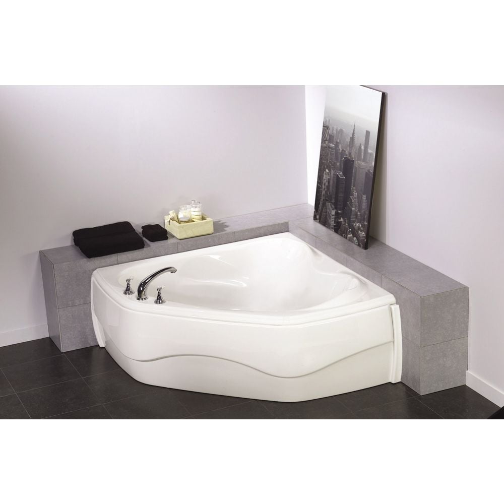 Baignoire d'angle encastrable en acrylique Murmur 55L x 55W x 20,75H, drain d'extrémité, en blanc avec accoudoirs relaxants, profondeur de trempage de 14 pouces