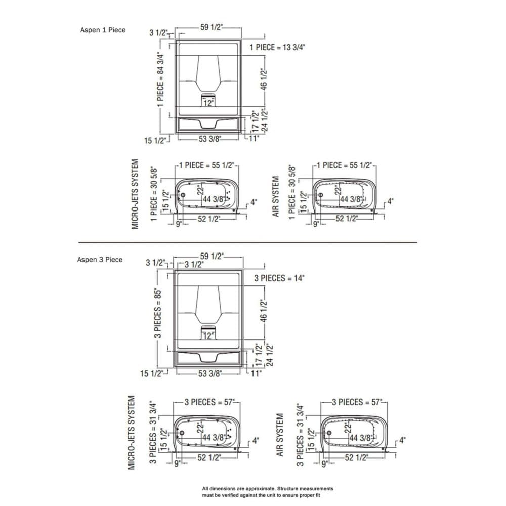 Aspen 60 in. L x 31 in. W x 85 in. H 1-Piece Acrylic Tub Shower Stall/Kit with Left Drain Bathtub, Tub Surround/Wall, Built-In Shelves & Roof Cap