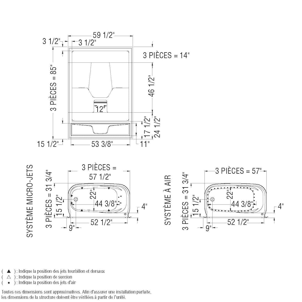 Cabine de douche en acrylique Aspen 3 pièces de 60 po L x 31 po l x 85 po H avec baignoire à drain droit, contour/mur de baignoire, étagères intégrées et capuchon de toit