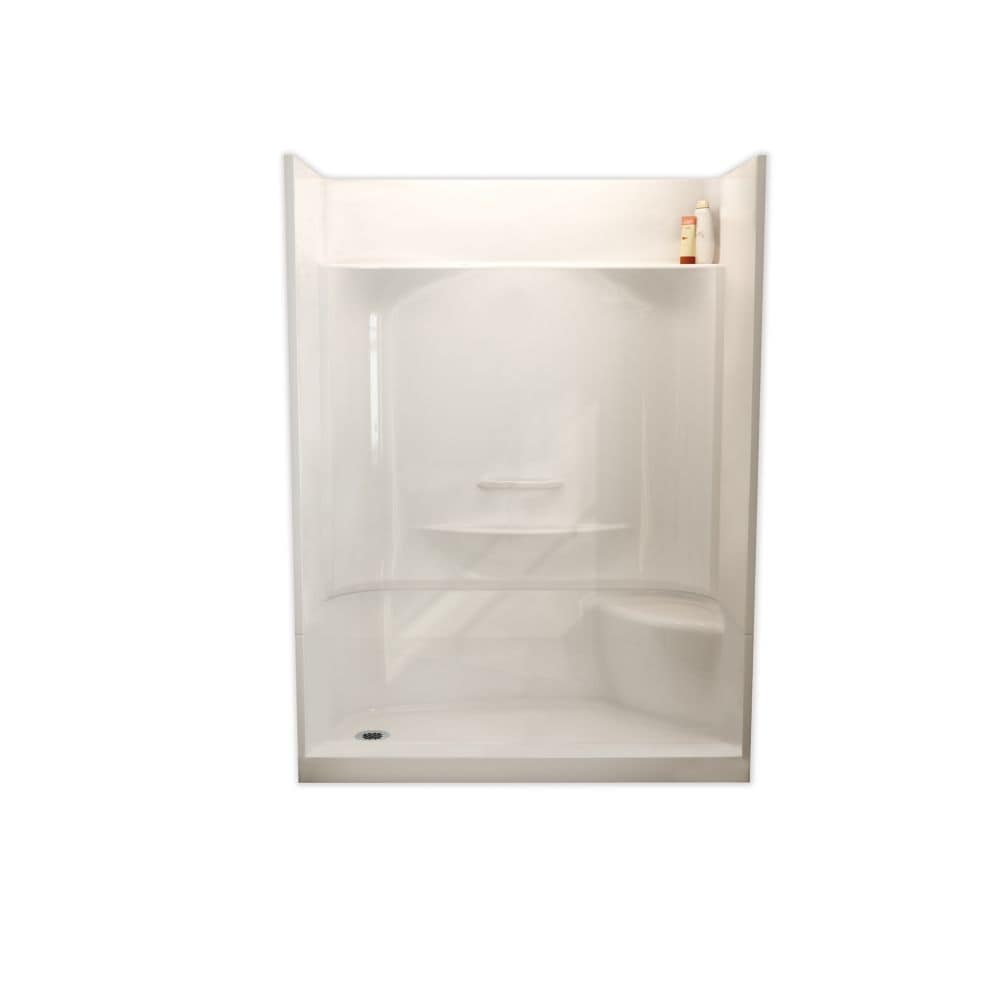 Cabine de douche AcrylX Essence 60 po L x 34 po l x 80 po H 4 pièces avec siège droit, base de drain gauche, contour mural et étagères intégrées