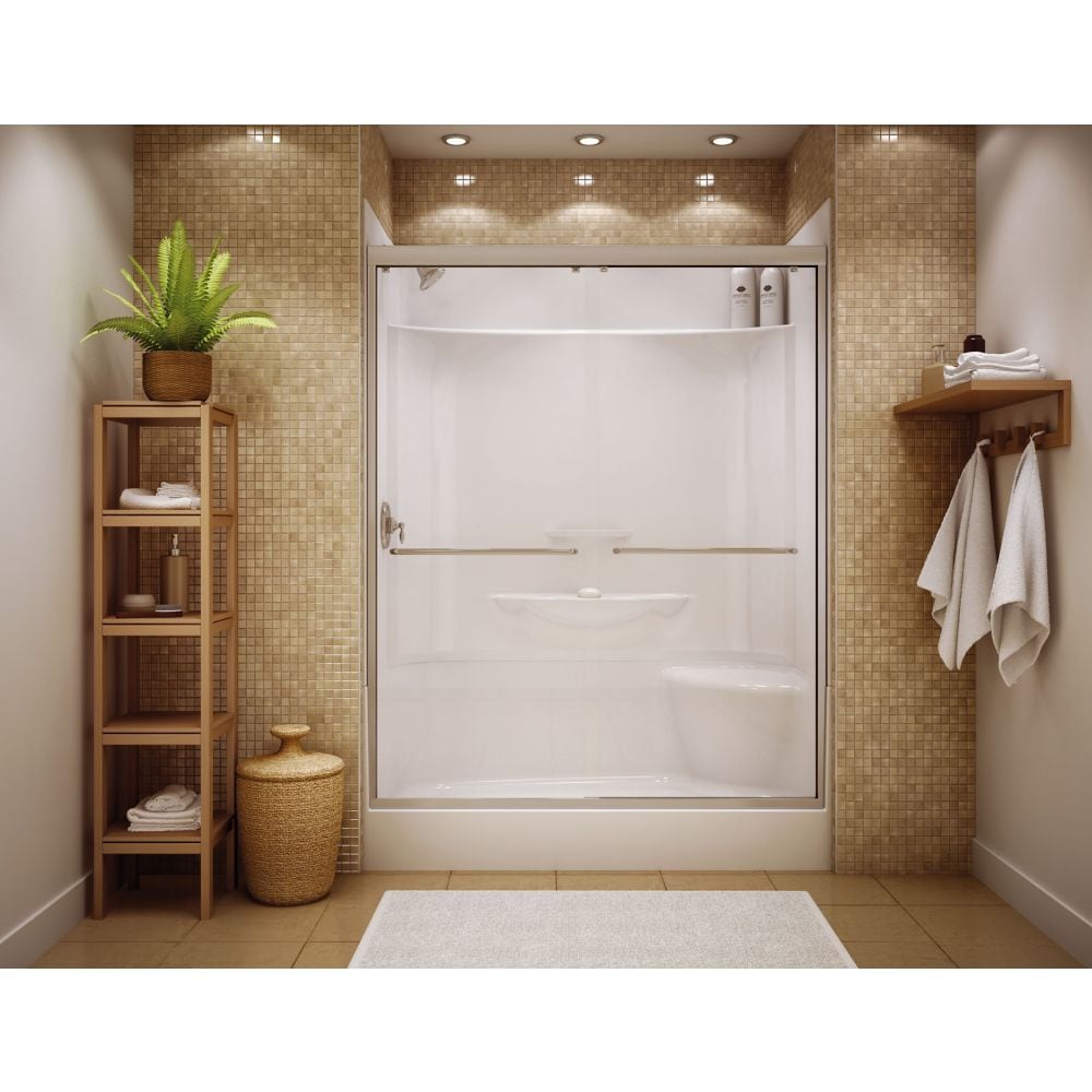 Cabine de douche AcrylX Essence 60 po L x 34 po l x 80 po H 4 pièces avec siège droit, base de drain gauche, contour mural et étagères intégrées