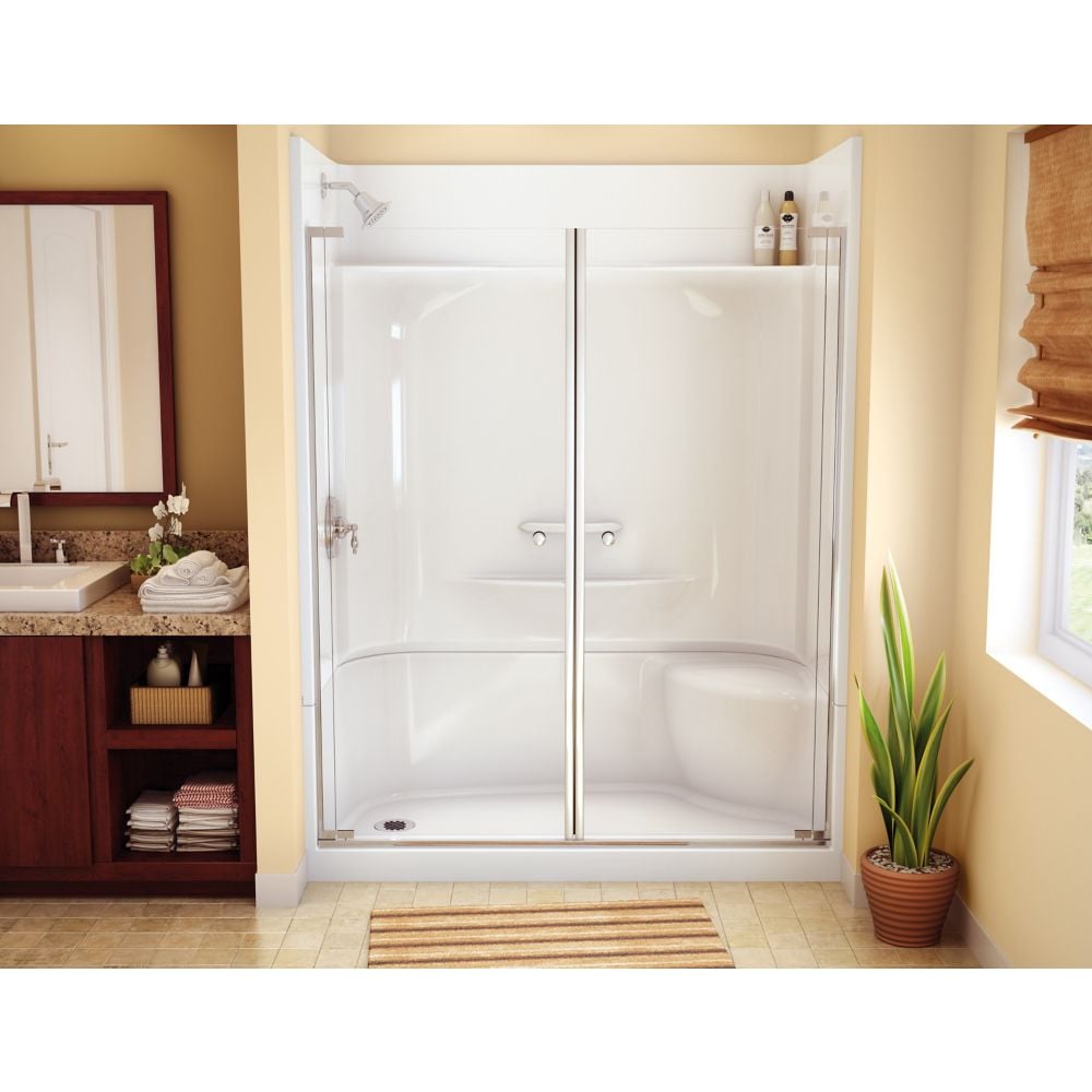 Cabine de douche AcrylX Essence 60 po L x 34 po l x 80 po H 4 pièces avec siège droit, base de drain gauche, contour mural et étagères intégrées