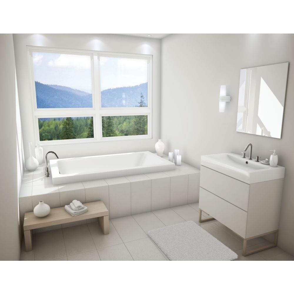 Skybox 66L x 36W x 23H Acrylic Rectangular Drop-In Bathtub, End Drain, in White with 2-inch Deck Height, 16-inch Soaking Depth