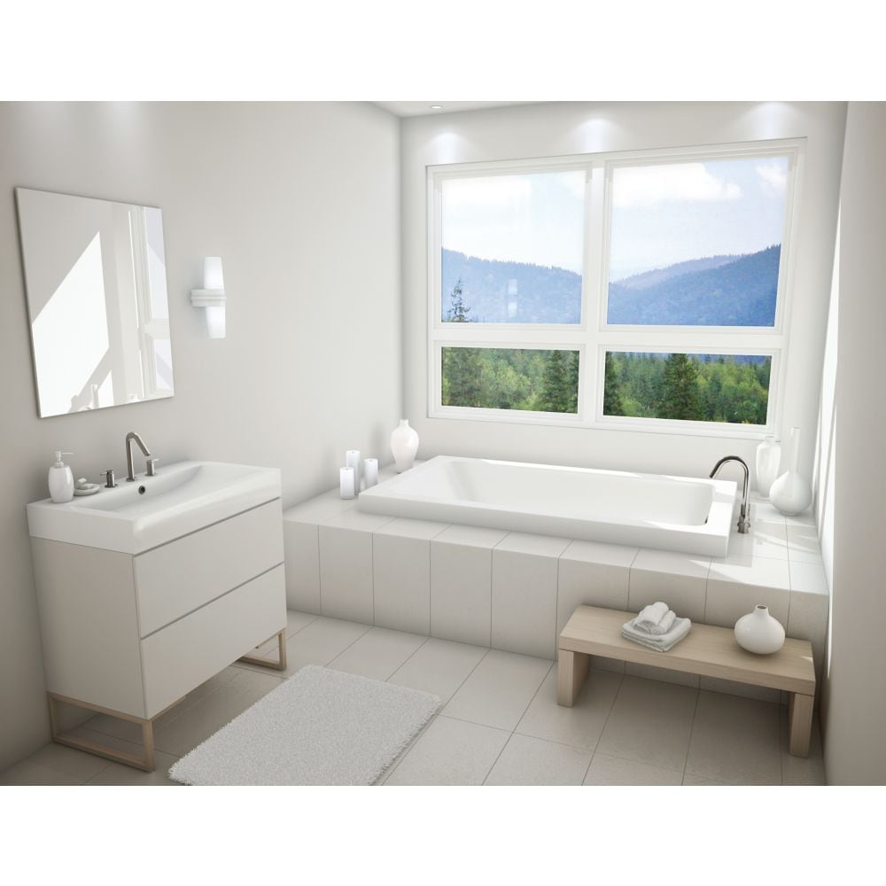 Skybox 66L x 36W x 23H Acrylic Rectangular Drop-In Bathtub, End Drain, in White with 2-inch Deck Height, 16-inch Soaking Depth