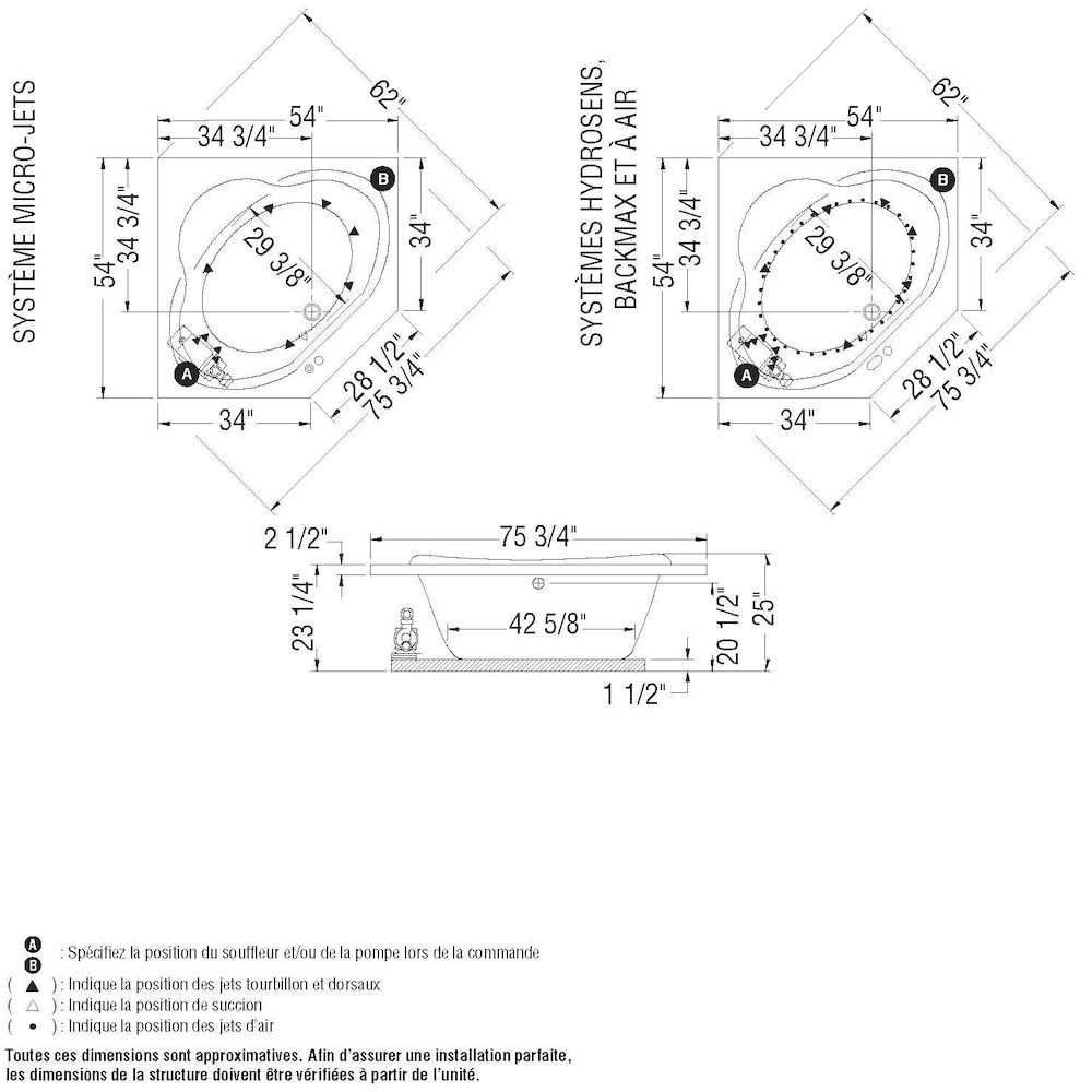 Nancy 54L x 54W x 23.25H Acrylic Corner Drop-In Bathtub in White with 16-inch Soaking Depth