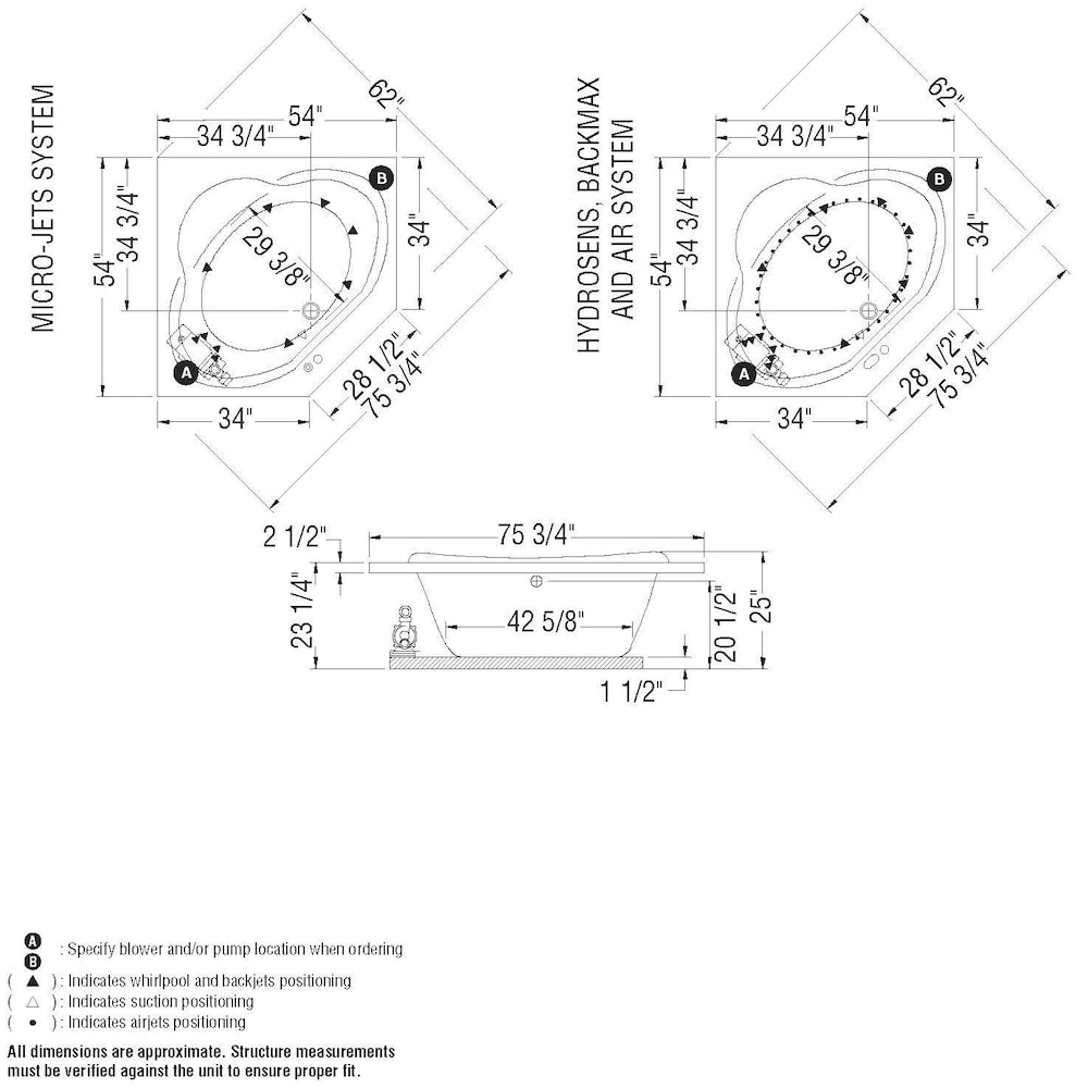 Nancy 54L x 54W x 23.25H Acrylic Corner Drop-In Bathtub in White with 16-inch Soaking Depth