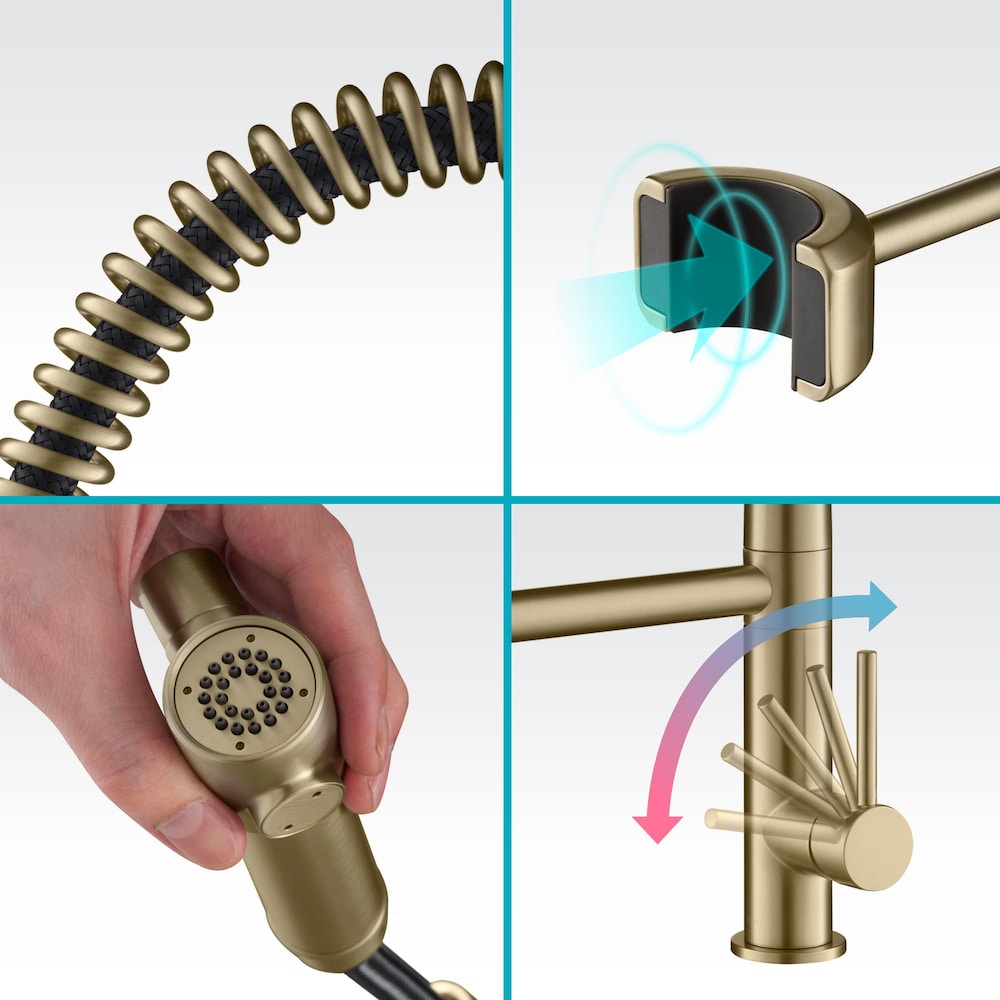 Single-Handle Spring Coil Kitchen Faucet with Sprayer and Pot Filler in Brushed Gold