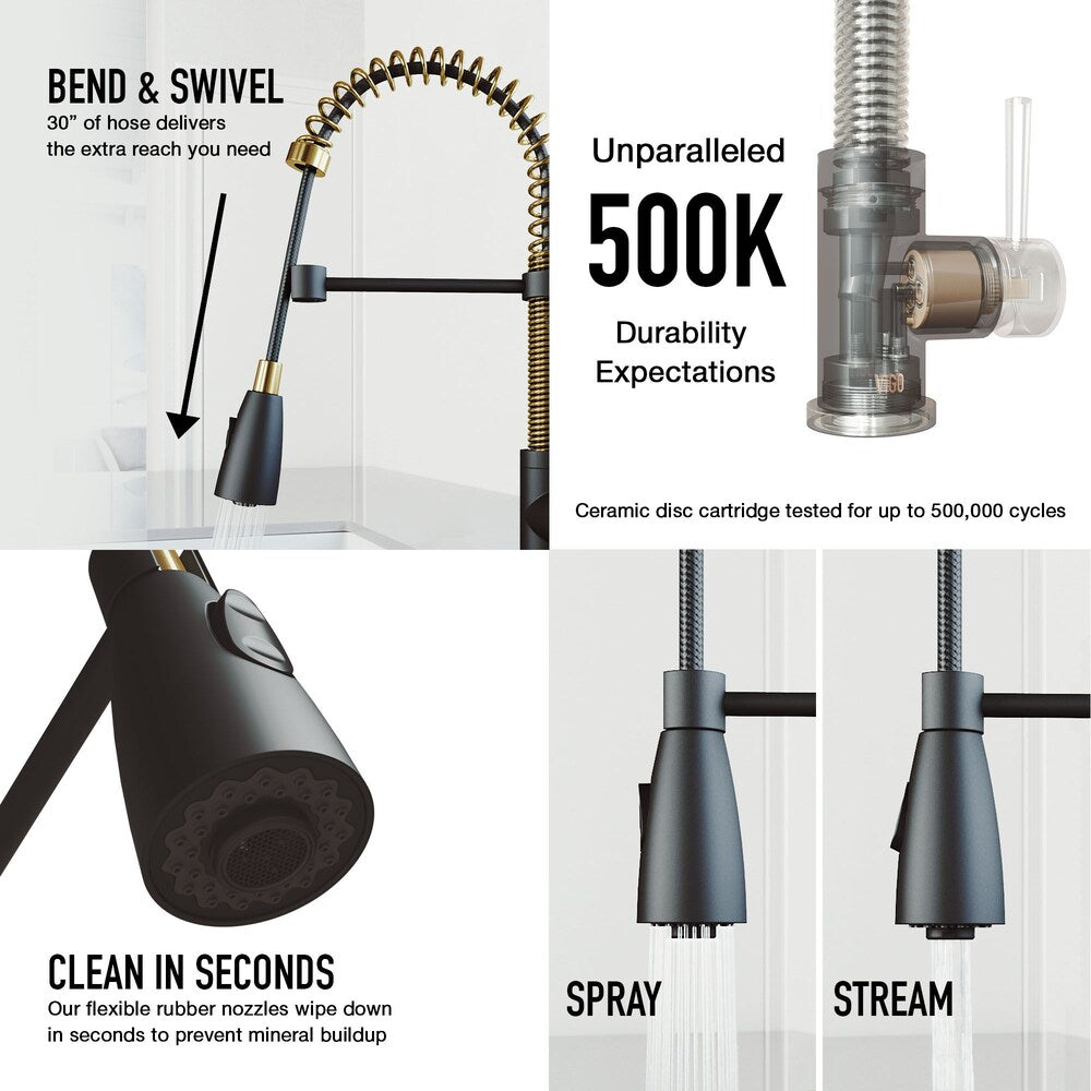 Robinet de cuisine à poignée unique avec pulvérisateur rétractable et distributeur de savon Brant en or brossé mat et noir mat