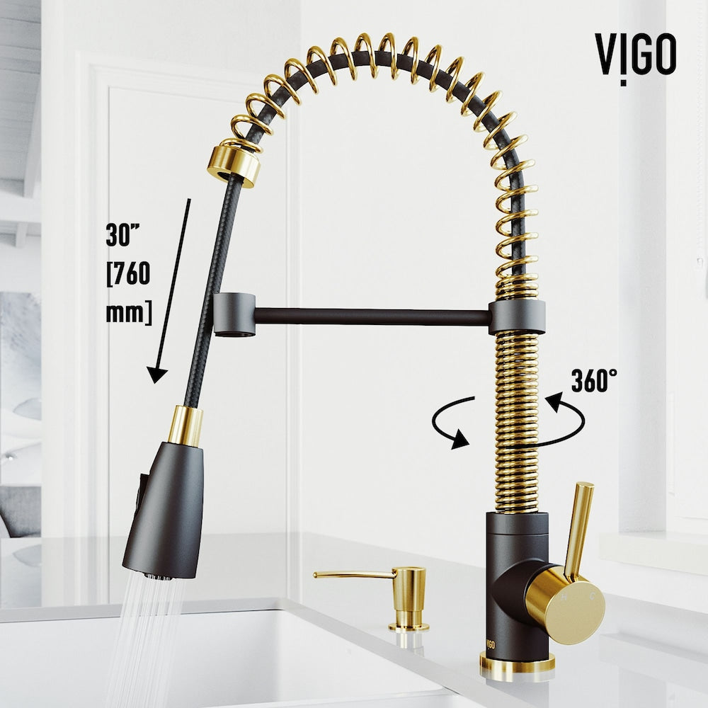 Robinet de cuisine à poignée unique avec pulvérisateur rétractable et distributeur de savon Brant en or brossé mat et noir mat