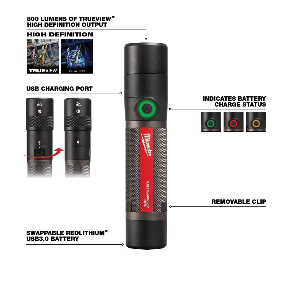800 Lumens LED USB Rechargeable HP Fixed Focus Flashlight