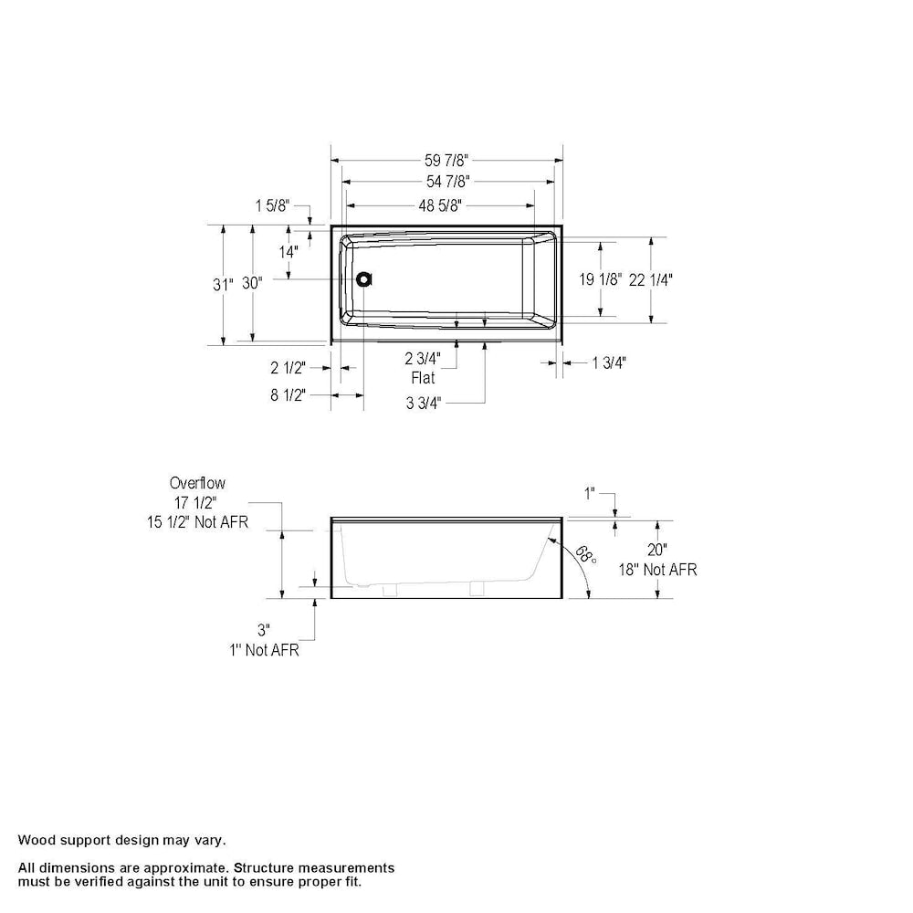 Nomad AFR 60-inch L x 30-inch W x 20-inch H AcrlyX Rectangular Alcove Bathtub in White, Right Drain, with 12 5/8 inch Soaking Depth