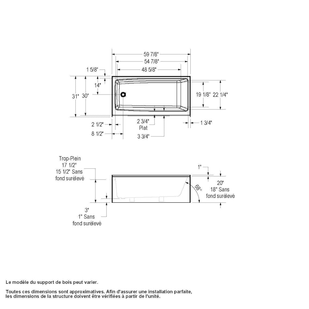 Nomad AFR 60-inch L x 30-inch W x 20-inch H AcrylX Rectangular Alcove Bathtub in White, Left Drain, with 12 5/8 inch Soaking Depth