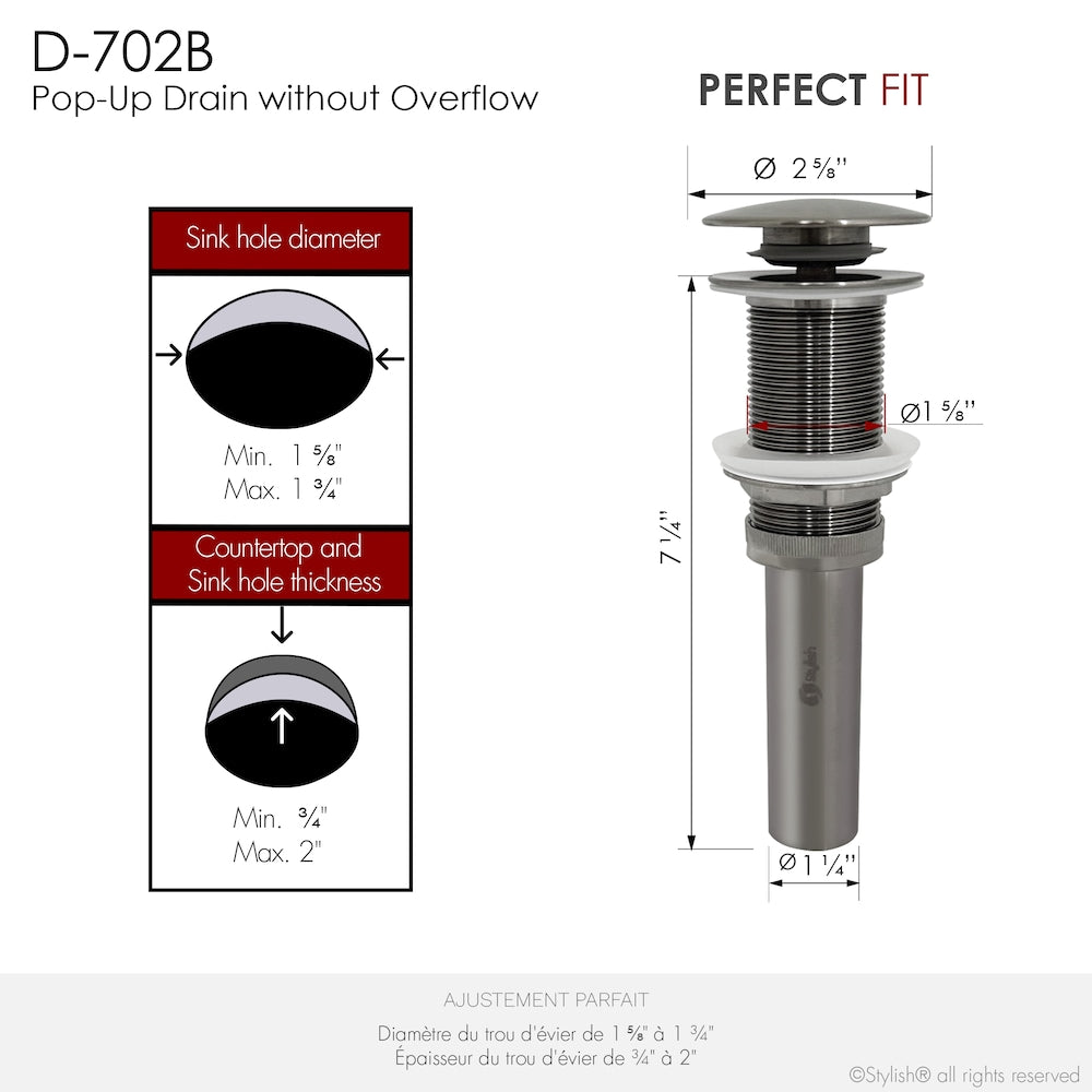 Drain de lavabo de salle de bain escamotable en nickel brossé sans trop-plein