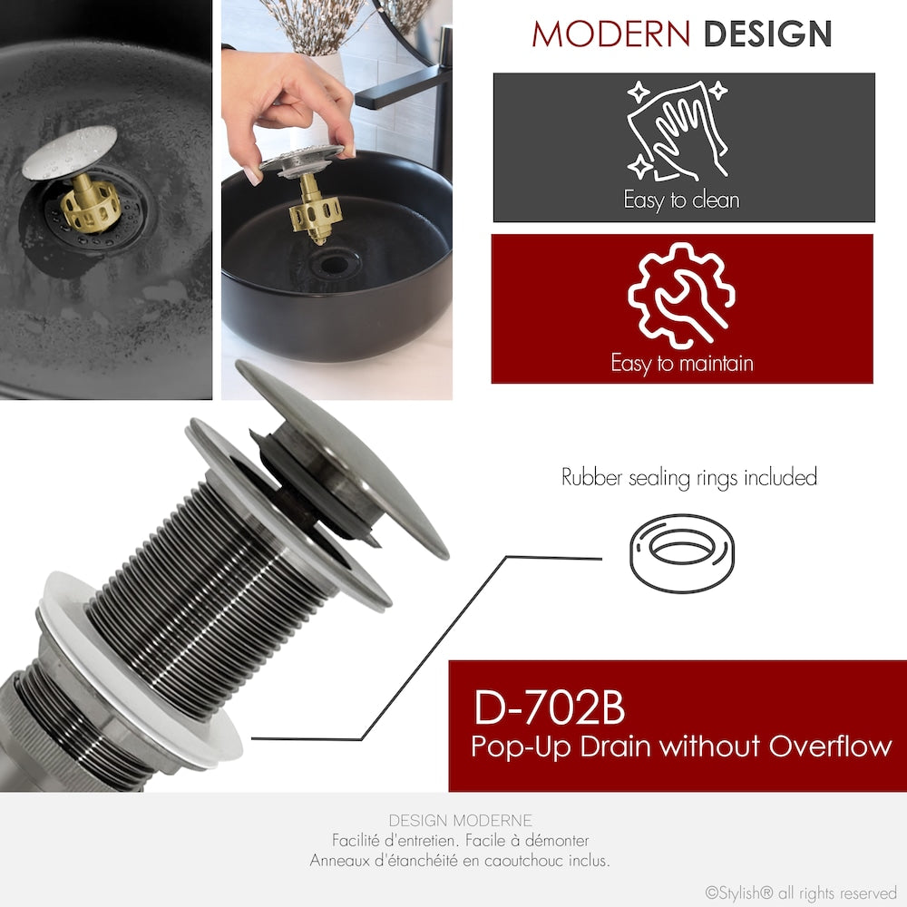 Drain de lavabo de salle de bain escamotable en nickel brossé sans trop-plein