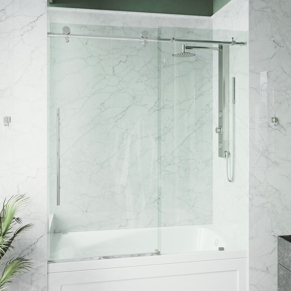 Elan E-Class 56 to 60 in. W x 66 in. H Frameless Sliding Bathtub Door in Chrome with Clear Glass and Handle