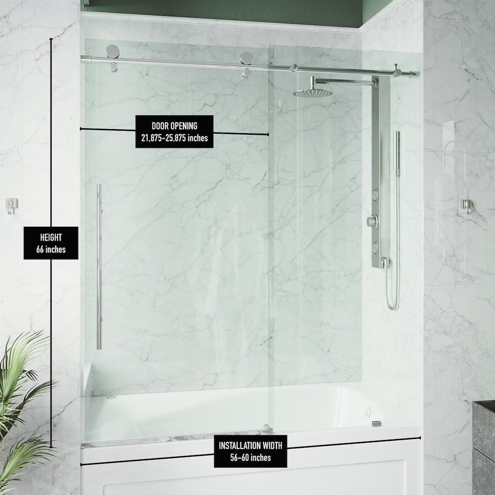 Elan E-Class 56 to 60 in. W x 66 in. H Frameless Sliding Bathtub Door in Chrome with Clear Glass and Handle