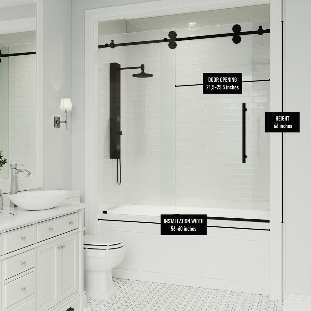 Elan 56 to 60 in. W x 66 in. H Frameless Sliding Bathtub Door in Matte Black with Clear Glass and Handle