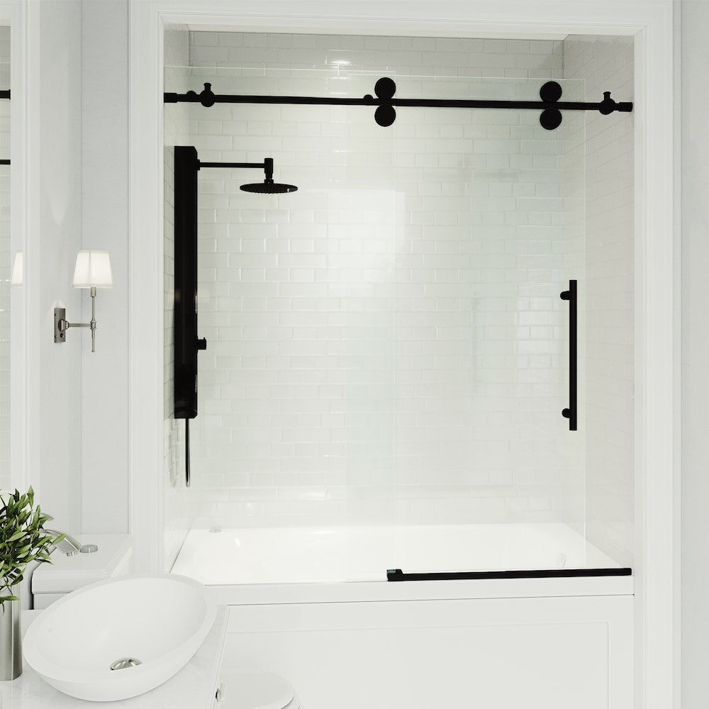 Elan 56 to 60 in. W x 66 in. H Frameless Sliding Bathtub Door in Matte Black with Clear Glass and Handle